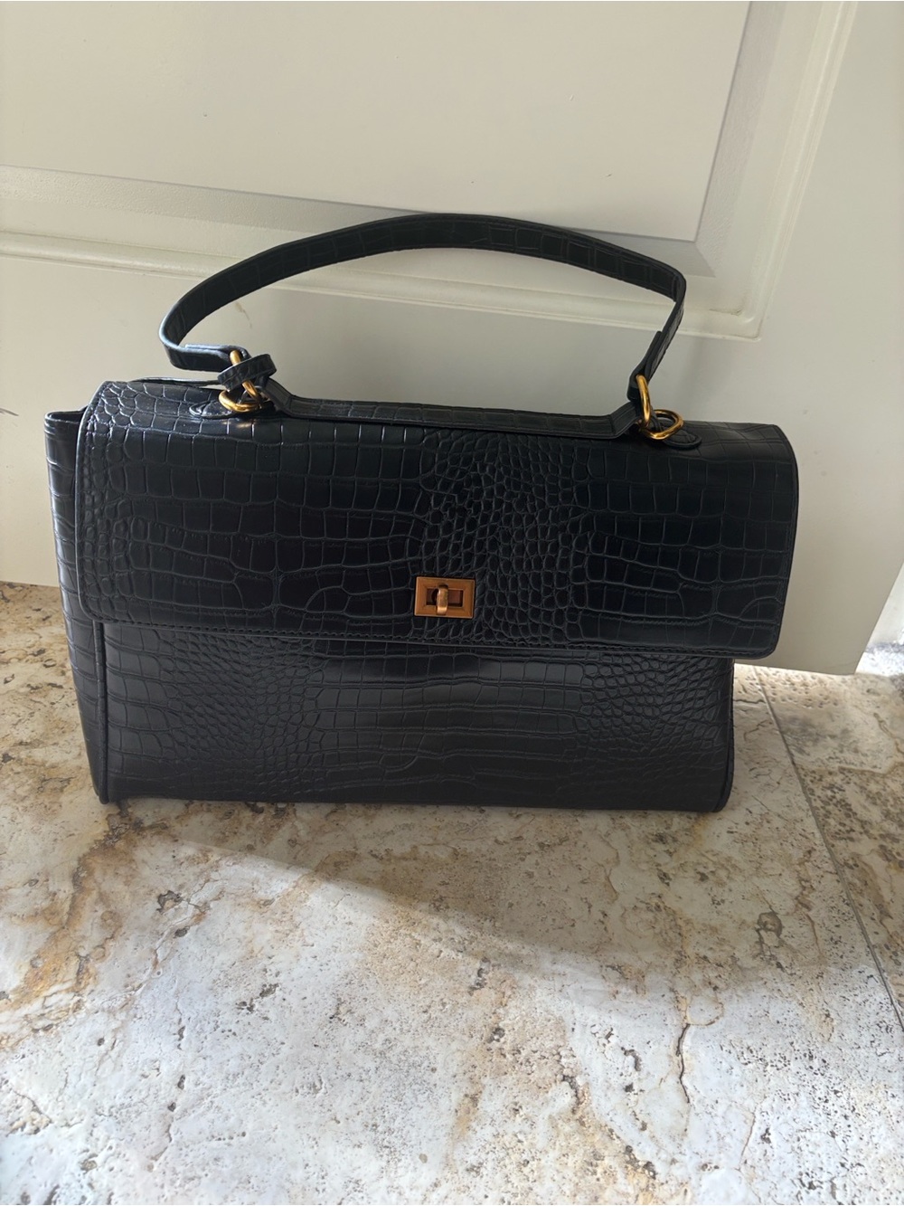 Classic Black Croc-Embossed Top-Handle Bag